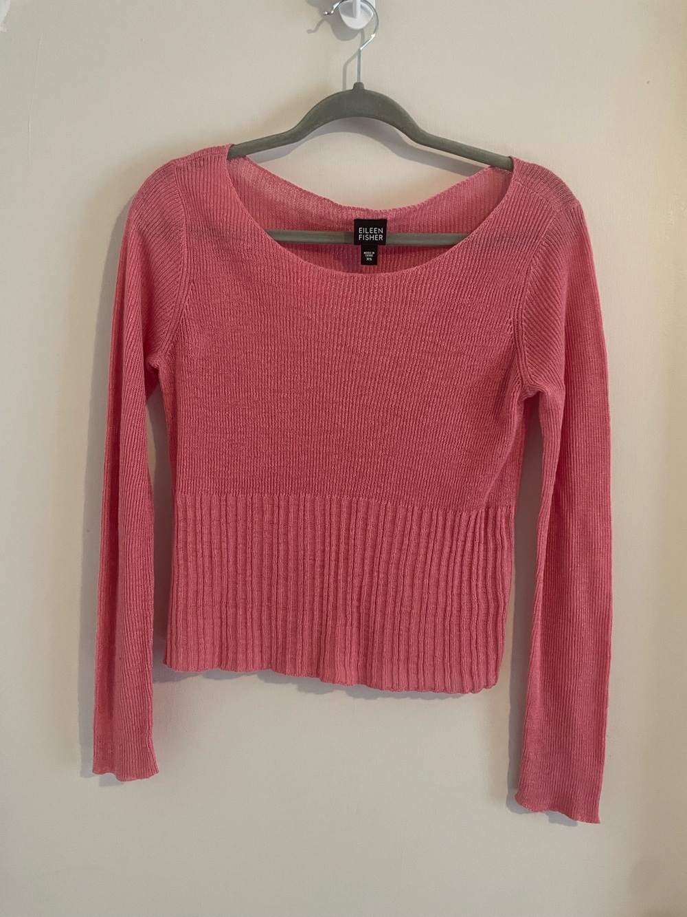 Eileen Fisher 100% Linen Sweater Ribbed Peplum Rose Pink XS 420